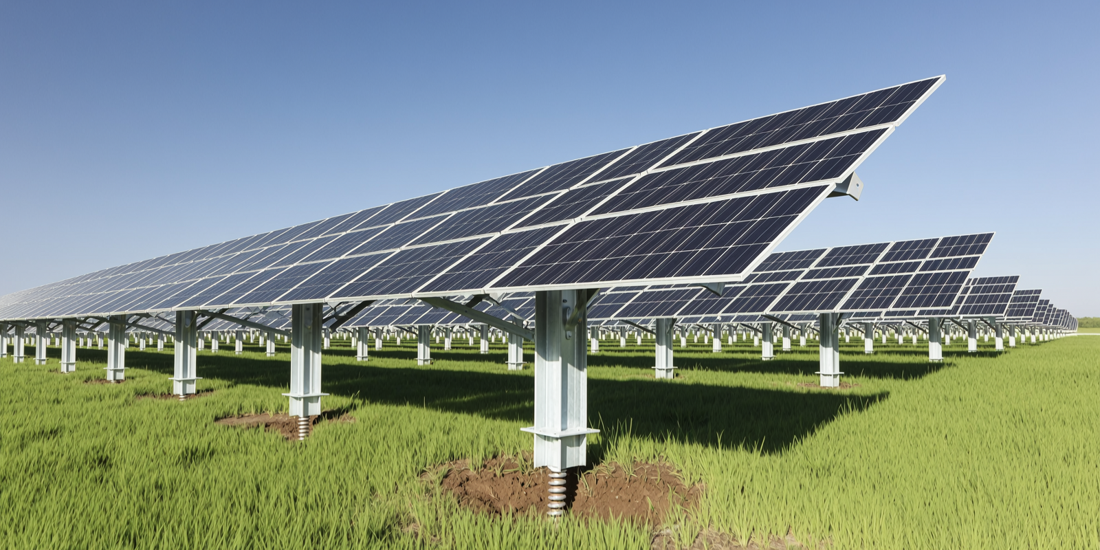 Ground mounted solar farm on galvanized steel ground screw foundations