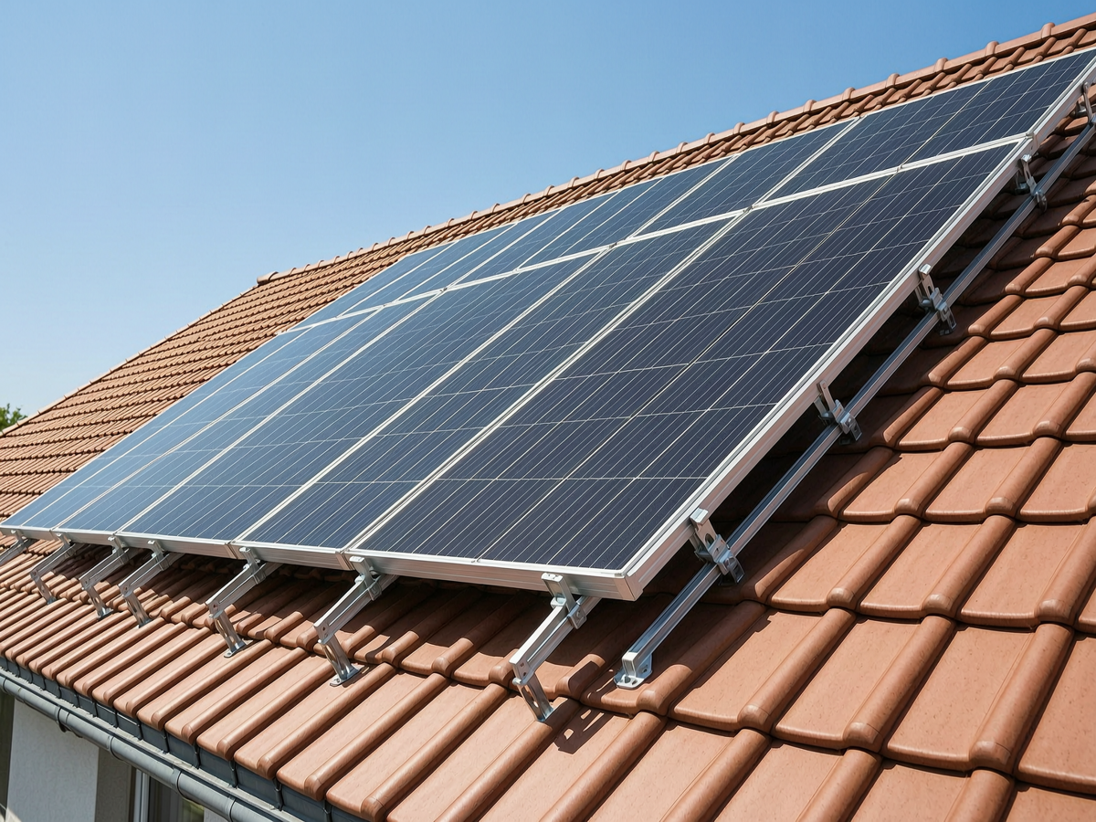 Roof mounted solar panels on tile roof with aluminium rails and clamps